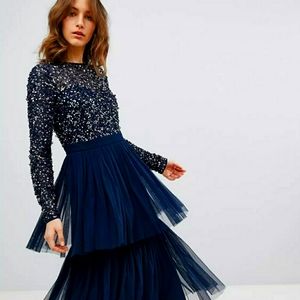 Maya Long Sleeve Sequin Top Midi Dress With Tiered Tulle Skirt